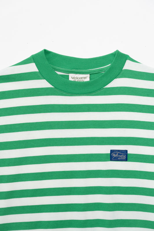 T-shirt Boxy Listrada - Verde e Off